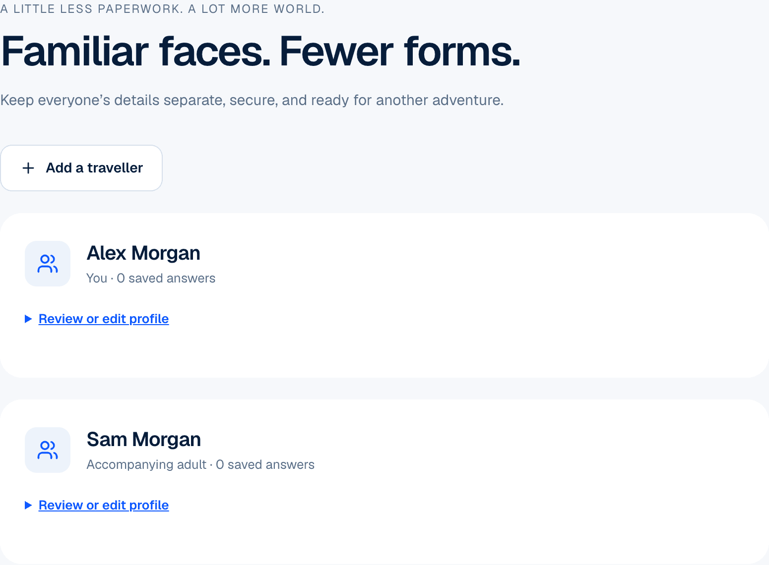 Traveller account interface with sample saved profiles