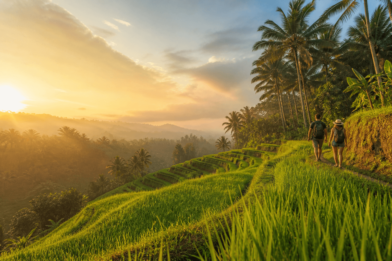 Travellers walking through rice terraces in Indonesia