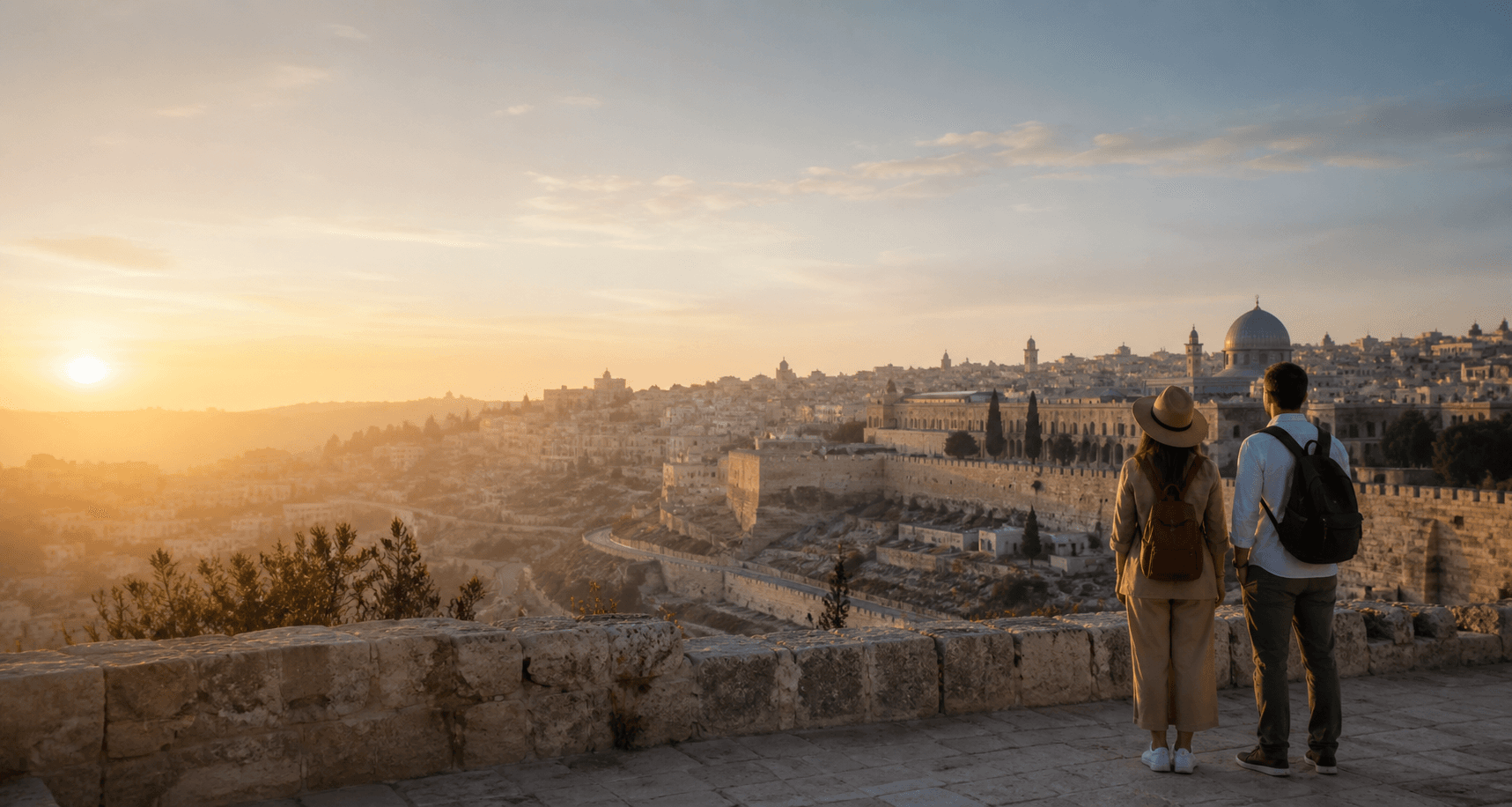 Travellers overlooking Jerusalem at sunset