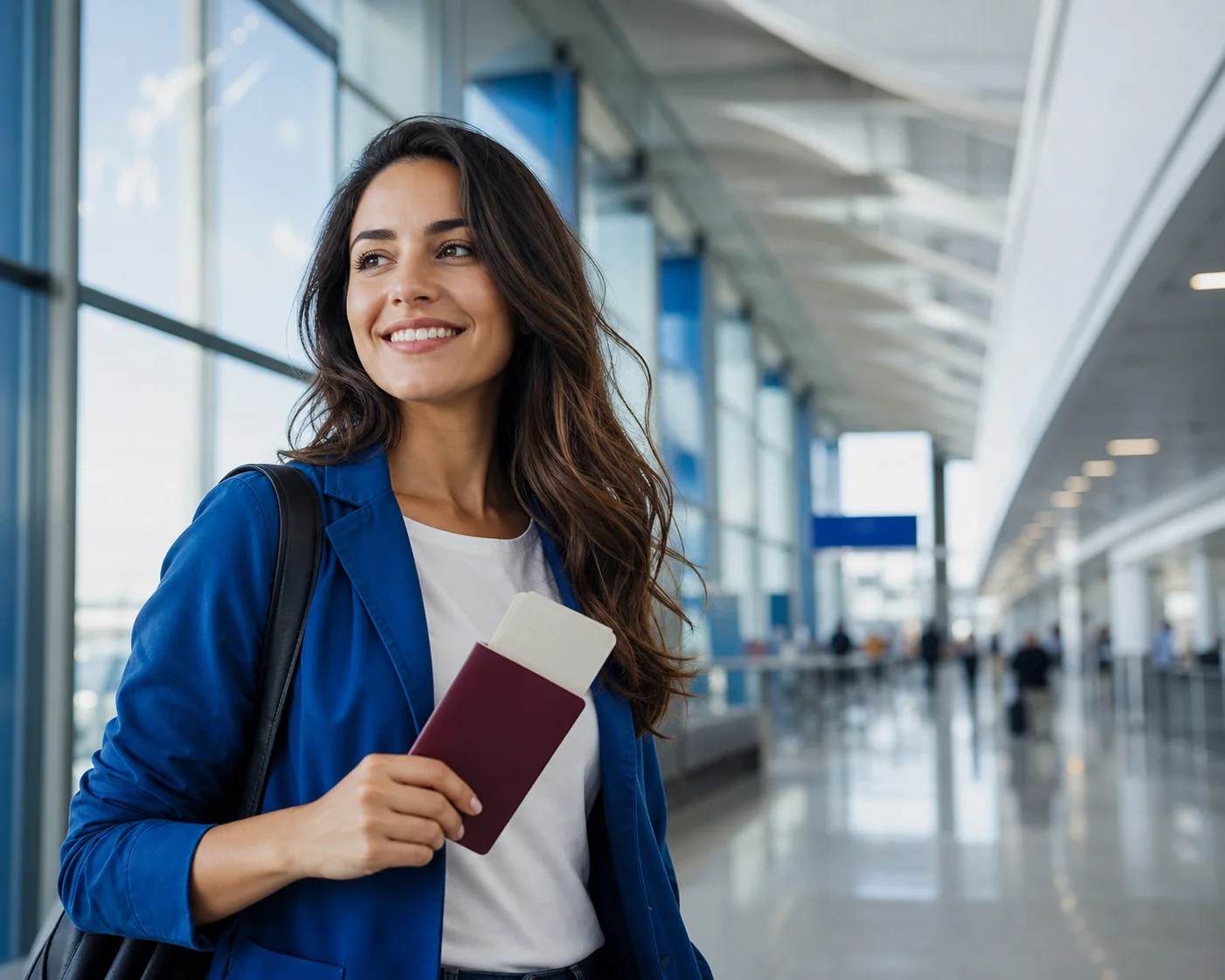 Traveller at an airport preparing for her journey