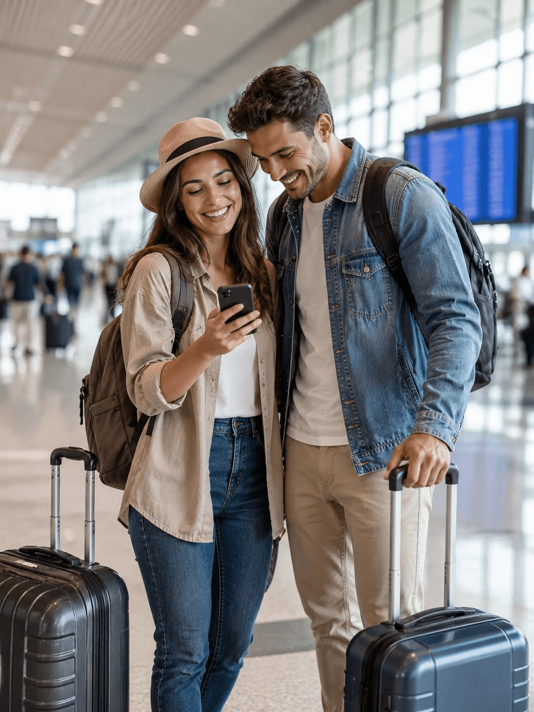 Travellers reviewing digital travel documents before a trip
