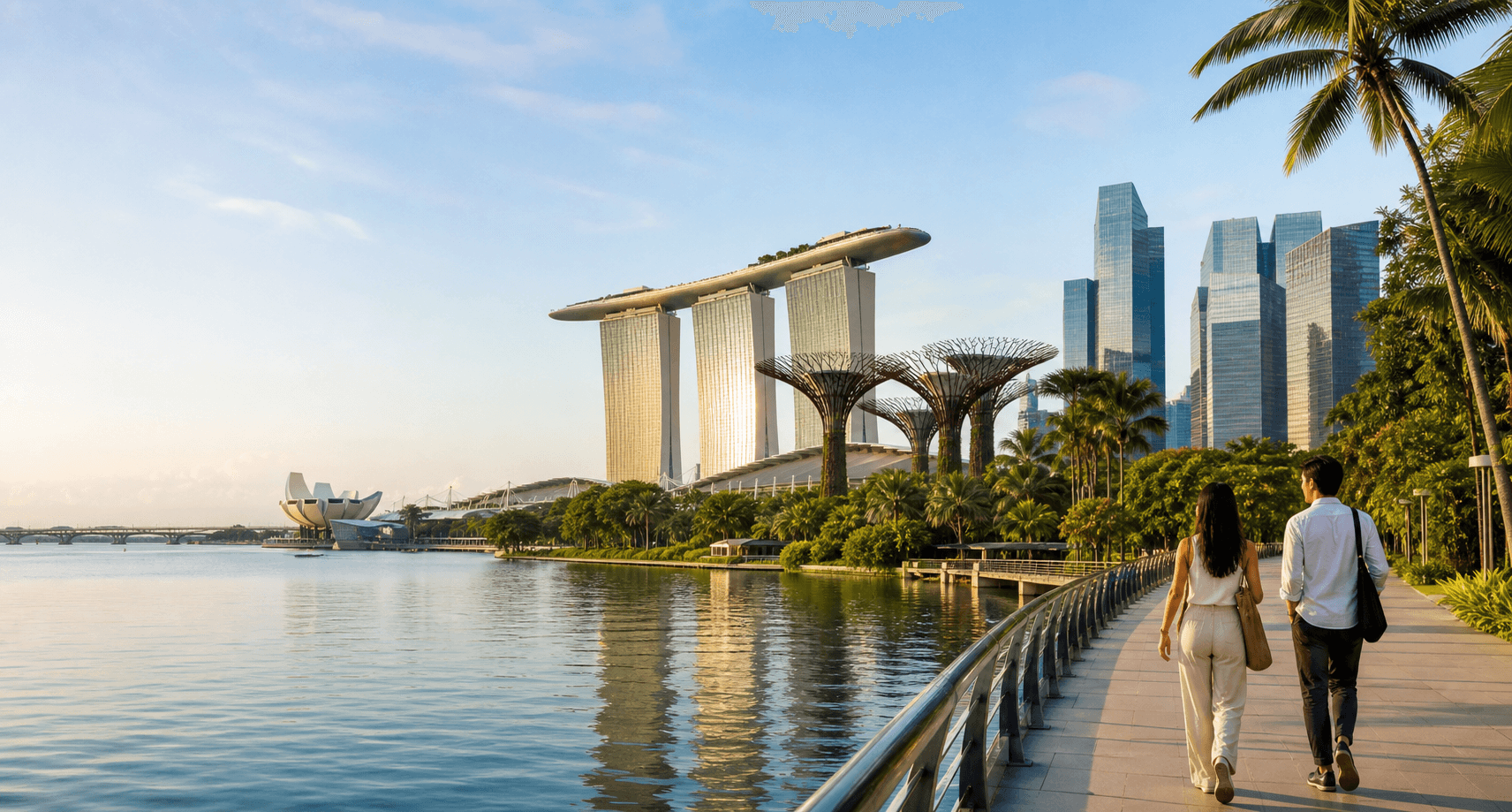 Travellers walking beside Marina Bay in Singapore