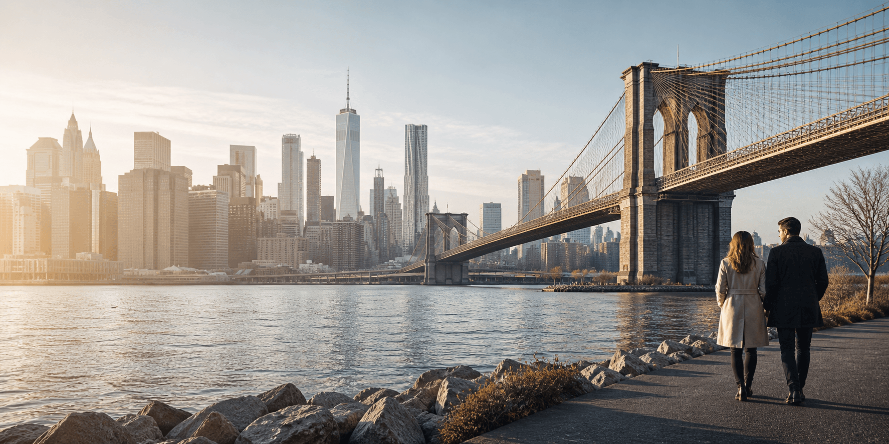 Travellers viewing New York City from Brooklyn