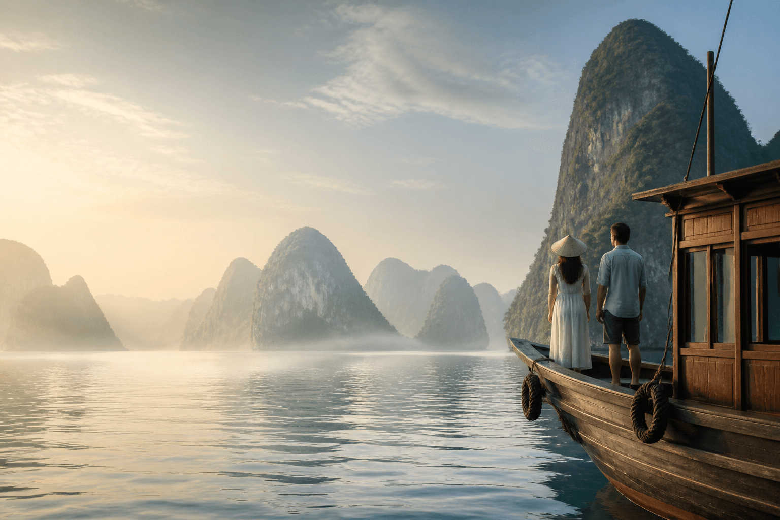 Travellers exploring Ha Long Bay in Vietnam